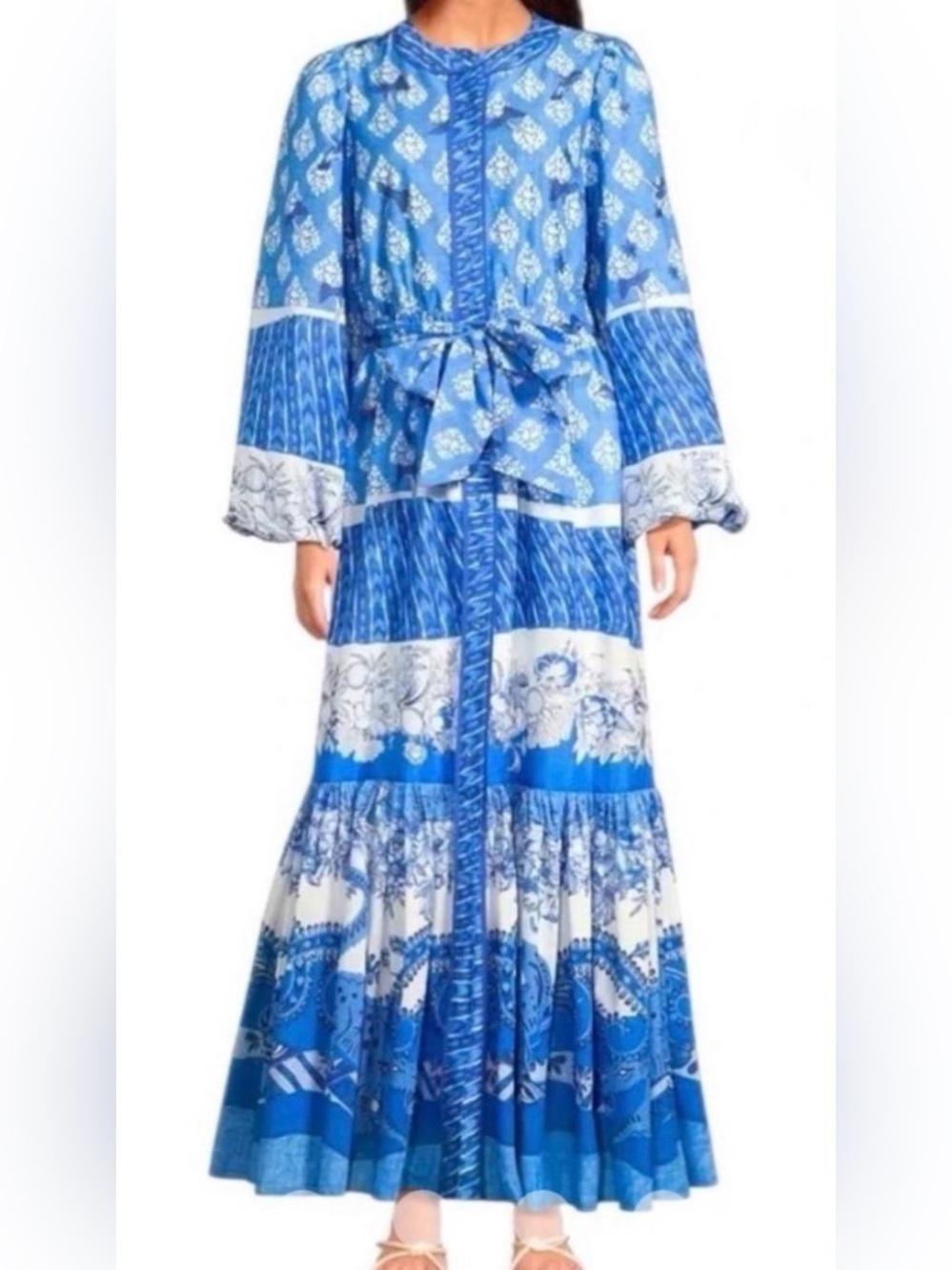 Blue Printed Tie-Waist Maxi Dress